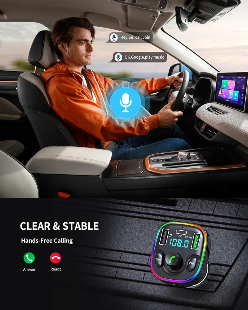 GXY KIT Bluetooth 5.4 FM Transmitter Car Adapter - Car Bluetooth Adapter with Fast Charger[PD 30W & QC3.0 18W],Hi-Fi Audio & Clear Calls,7 Colors LED Backlit - Image 4
